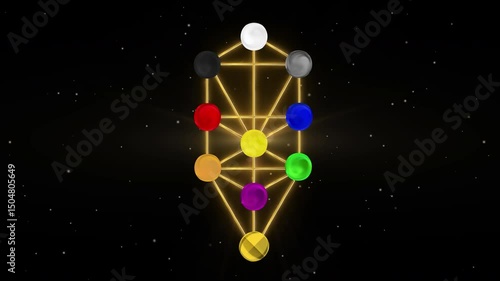 Animation of the golden Tree of Life  in the Universe with 10 colourful spheres of the Sefirot. Cosmic and Mystical symbolism. For presentations, studies, teachings, Kabbalah energy. Horizontal 4K