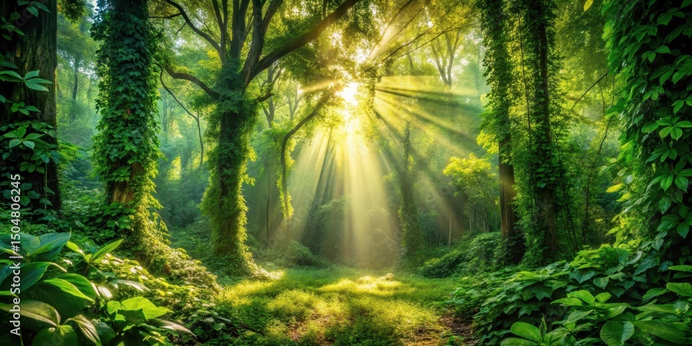 Fototapeta premium Sunbeams Illuminate Lush Forest Canopy, Revealing a Path Through Verdant Undergrowth