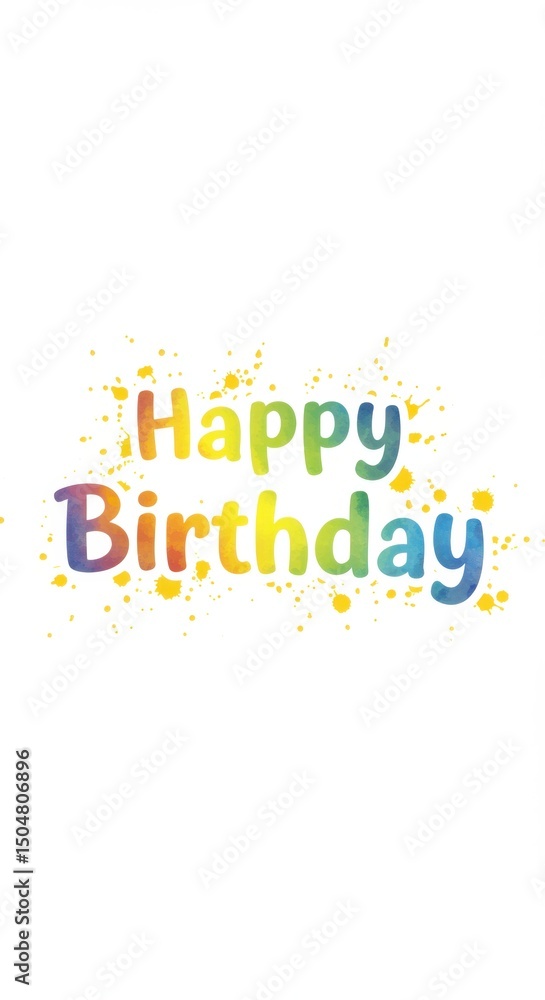 Vibrant Rainbow Happy Birthday Watercolor Design with Yellow Splashes Vibrant Rainbow Happy Birthday Watercolor Design with Yellow Splashes