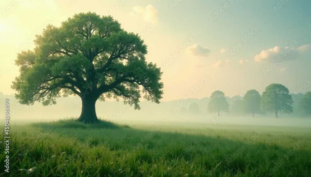 Obraz premium Towering oak, ethereal mist shrouds dewy field, image, stock, ancient