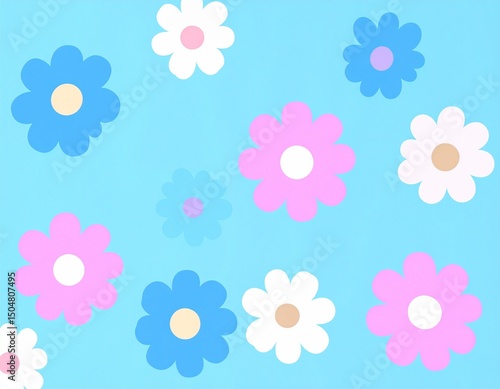 青い背景にカラフルでレトロな花