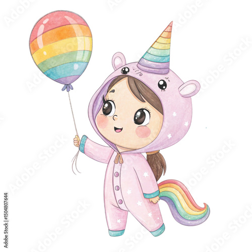 Kawaii Kids in Animal Unicorn Costumes Party Theme Clipart Watercolor