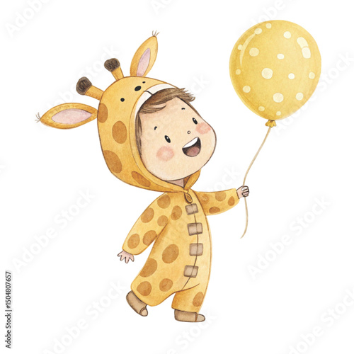 Kids in Animal giraffe Costumes Party Theme Hold the balloon Clipart Watercolor