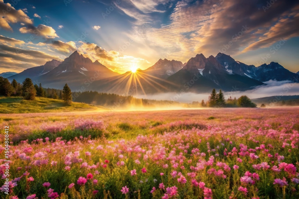 Fototapeta premium Serene Sunrise Illuminates a Vibrant Wildflower Meadow with Majestic Mountain Peaks in the Background