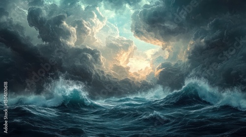 Dramatic seascape with turbulent ocean waves and storm clouds on the horizon