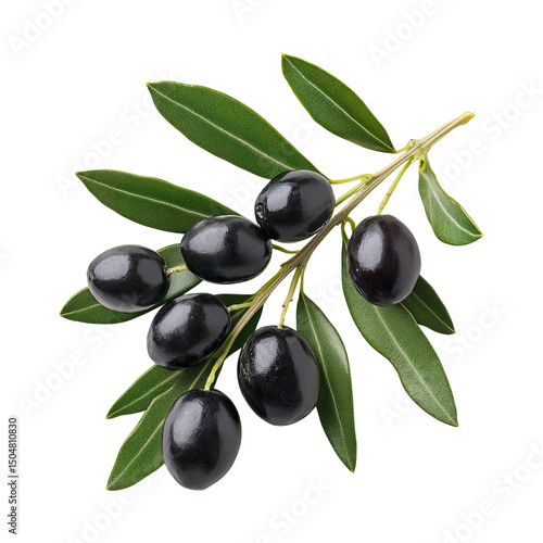 Fresh Olive Branch with Dark Olives on Transparent Background