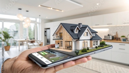 A hand holds a smartphone showcasing a virtual house tour or smart home app. A tiny house model sits on the screen, blending physical and digital. The modern, tech-oriented background highlights