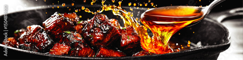 Glazed Meat Cubes in Cast Iron Skillet with Rich Sauce Pouring, Close-Up, Juicy Beef Recipe, Food Photography, Gourmet Cooking
