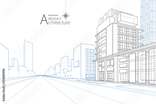 3D illustration abstract urban building out-line drawing of imagination architecture building construction design.