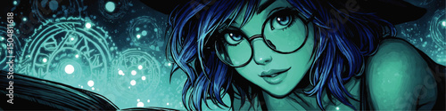Mystical Blue-Haired Woman with Glasses Reading Spellbook – Magical Fantasy Art, Enchanted Night, Glowing Runes