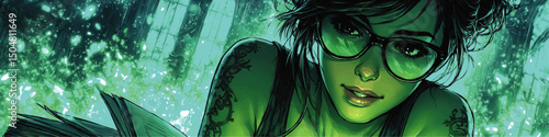 Enchanting Green-Hued Woman Reading in Magical Forest Library, Fantasy Art with Glasses, Tattoos, Glittering Light