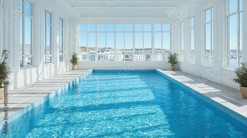 Indoor swimming pool with panoramic city views.