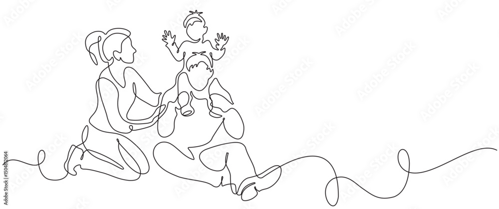 Obraz premium A happy family with one continuous line, father, mother, and child drawn by one hand. A portrait of caring and togetherness in the family.