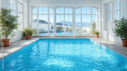 Indoor swimming pool with panoramic city views.
