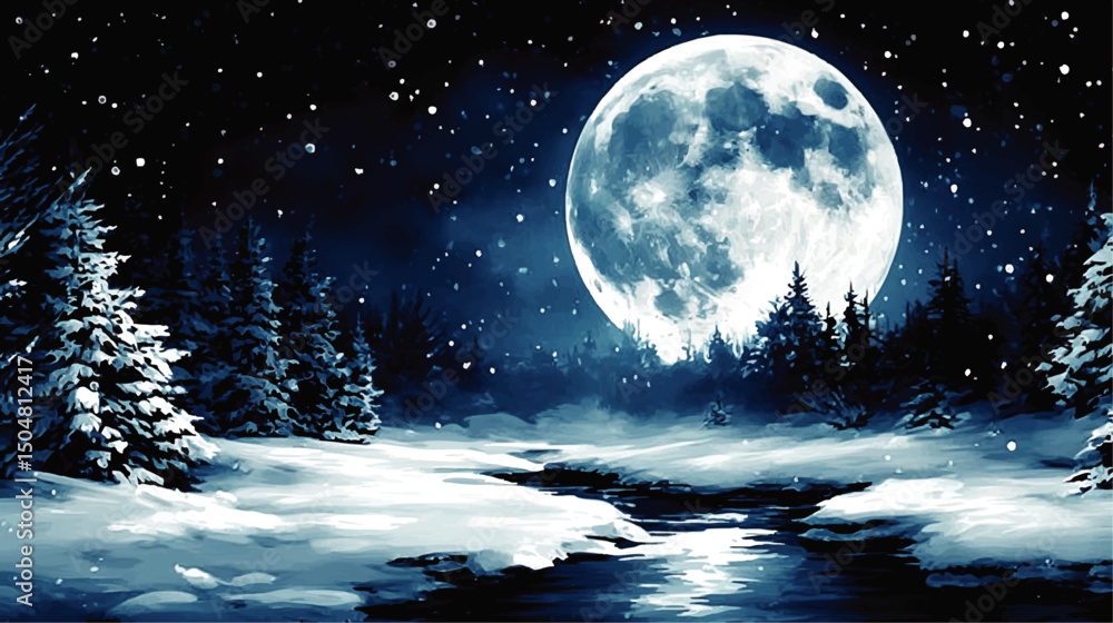 Fototapeta premium Majestic Winter Night Landscape with Full Moon, Snowy Pine Forest, and Reflective River Stream – Digital Art Illustration