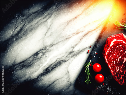 Raw Ribeye Steak on Black Slate with Rosemary, Cherry Tomatoes, Sea Salt, and Peppercorns on Marble Background, Gourmet Food Preparation Concept