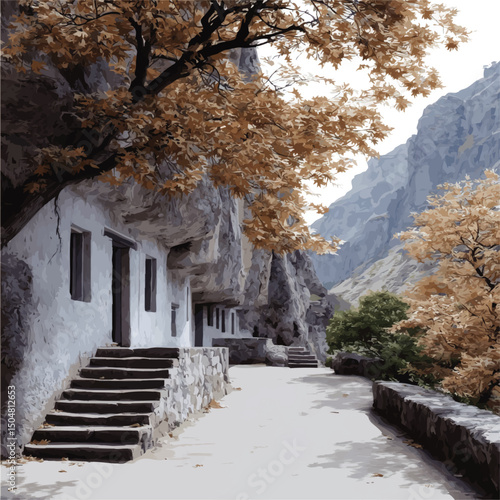 Ancient Cliffside Monastery Pathway in Autumn Mountain Landscape, Serene Travel Destination, Vector Illustration