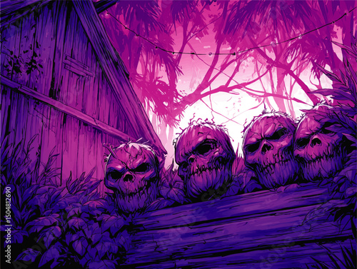 Spooky Purple Haunted Forest with Creepy Skulls and Abandoned Barn—Halloween Horror Illustration, Dark Surreal Night Scene Art