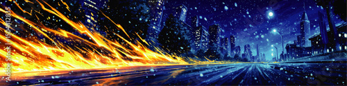 Futuristic city street at night with blazing fire trail and snowfall, vibrant digital art illustration, urban neon landscape