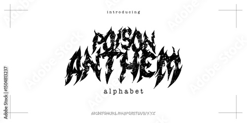 Poison Anthem font metal band Gothic Typeface - A bold and edgy vector alphabet set with sharp, angular letterforms inspired by heavy metal and gothic design aesthetics. Roots horror style