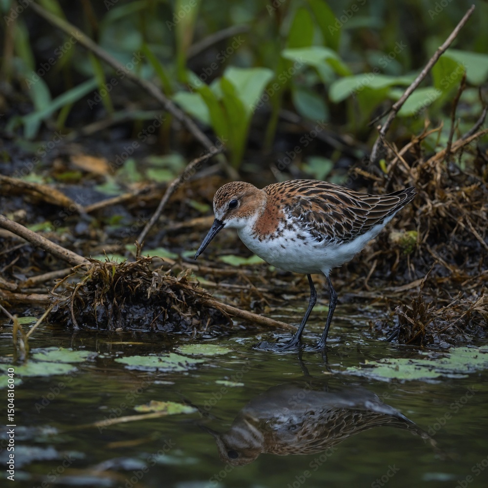 n a remote jungle swamp, a critically endangered Spoon-billed Sandpiper stands delicately on muddy terrain, its unique spatula-shaped bill skimming the shallow water n a remote jungle swamp, a critically endangered Spoon-billed Sandpiper stands delicately on muddy terrain, its unique spatula-shaped bill skimming the shallow water