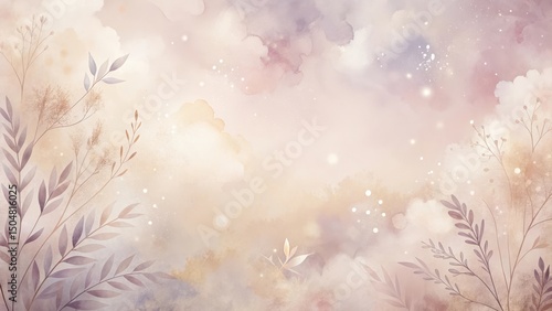 Dreamy Pastel Floral Watercolor Background Featuring Delicate Branches and Soft Clouds