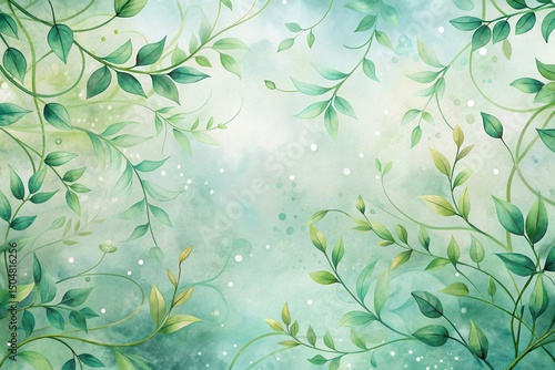 Serene Watercolor Botanical Design An Elegant Arrangement of Lush Greenery and Delicate Vines on a Soft, Aqua Background