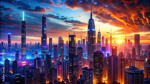 Wallpaper Mural Spectacular Urban Skyline at Sunset A Panoramic View of Illuminated Towers and Buildings Against a Fiery Sky Torontodigital.ca