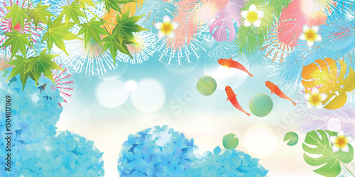 金魚　夏　水彩　和柄　背景