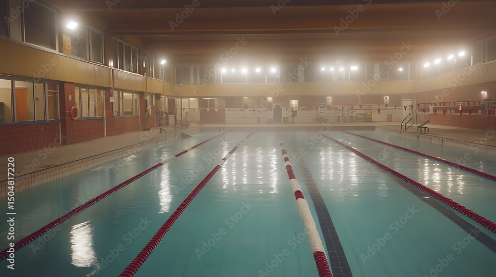Fototapeta premium Indoor swimming pool with lane markers and ambient lighting