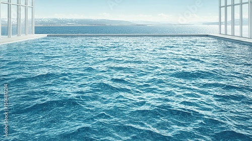 Serene swimming pool reflecting a tranquil ocean view.