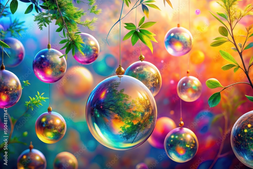 Fototapeta premium Vibrant iridescent spheres suspended amidst lush green foliage, reflecting a radiant sunset, creating a whimsical, enchanting scene.