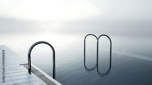 Modern pool with ladder structures in calm water