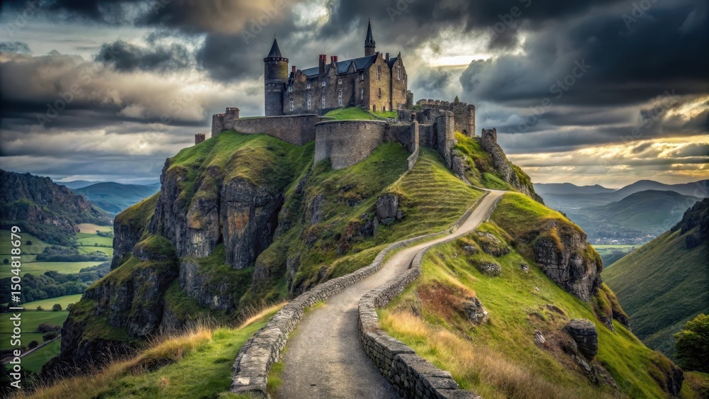 Fototapeta premium A Majestic Hilltop Castle with a Winding Stone Path, Under a Dramatic Sky