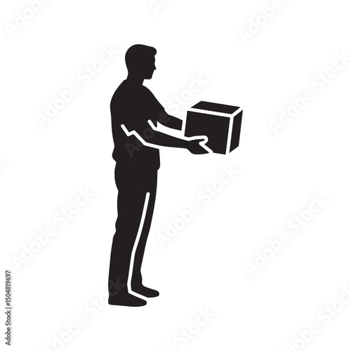 Person Receiving Package Delivery Silhouette – Minimal Vector Style Black and White Design