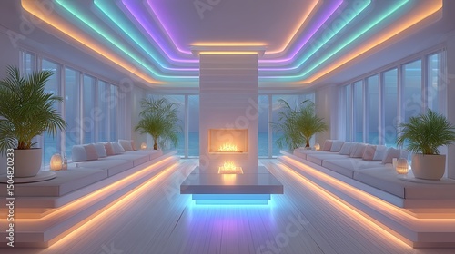 Vaporwave living spaces, Modern living room with colorful lighting and cozy atmosphere. Retro futurism interior with immersive design, retro futurism interior furniture and ambient layout
