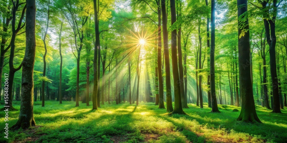 Obraz premium Sunbeams filtering through a vibrant, verdant forest canopy, illuminating the lush undergrowth with a magical golden light