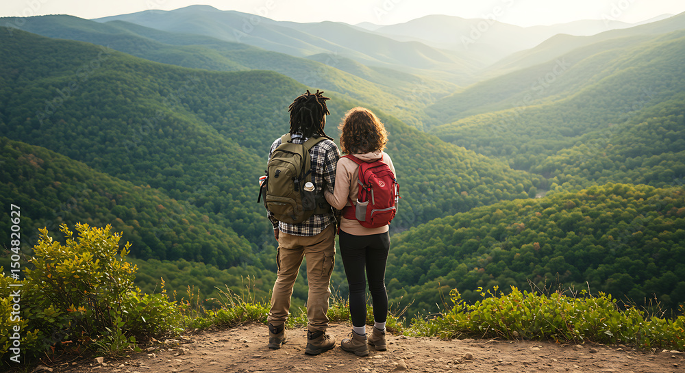 Fototapeta premium Adventurous Couple Admiring Mountain Vista Backpacks and Scenic View