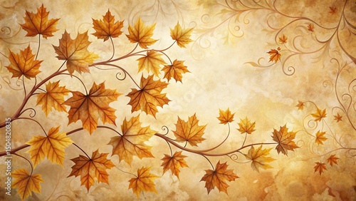 Autumnal Branch with Ornate Swirls and Golden Leaves on a Textured Background