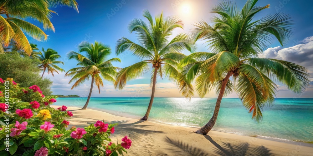 Fototapeta premium Idyllic Beach Scene Lush Tropical Vegetation, Vibrant Flowers, and Gently Swaying Palm Trees Frame a Pristine Shoreline and Tranquil Azure Ocean Under a Sunny Sky