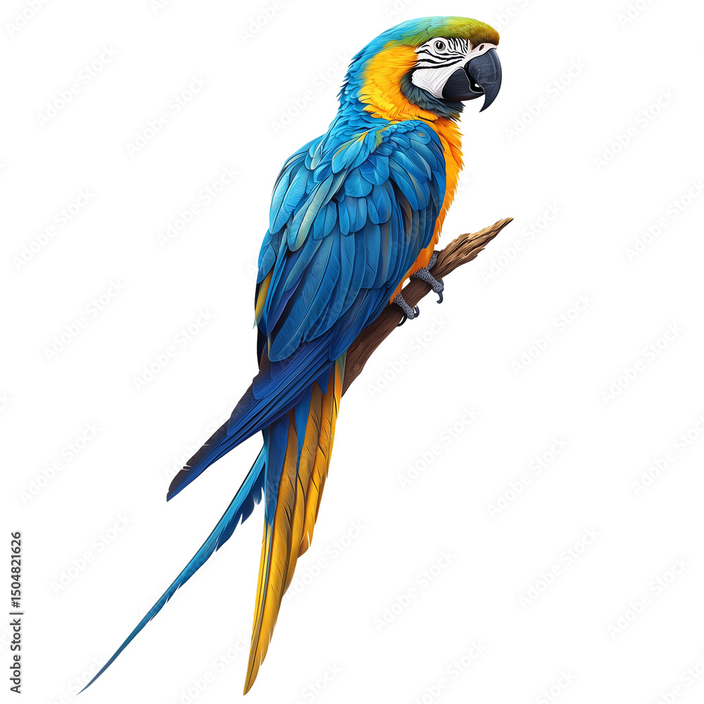 Fototapeta premium Beautiful macaw parrot perched on branch tropical bird wildlife illustration isolated on transparent background 