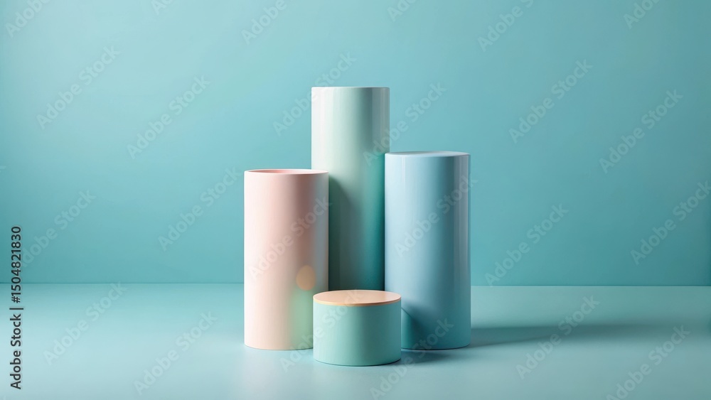 Pastel Cylinders on a Light Blue Background A Minimalist Display for Product Presentation or Abstract Art Pastel Cylinders on a Light Blue Background A Minimalist Display for Product Presentation or Abstract Art