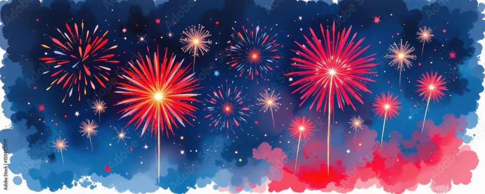Fototapeta premium Vibrant fireworks burst in the night sky, creating a festive and colorful celebration against a deep blue background.