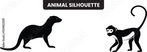 Animal Silhouettes: A collection of black and white animal silhouettes, including a monkey and a weasel, set against a white background. Ideal for design projects needing simple animal graphics.