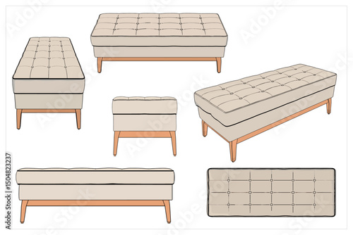 Bedroom Bench. 3d Vector images are produced from the auto tracing process. View from Perspective, front, top, side