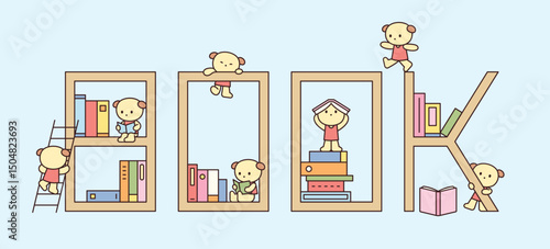 Cute bear characters playing and reading around bookshelves shaped like the word BOOK