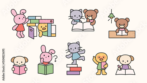 Cute animal characters reading, writing, and learning with books in playful and curious poses.