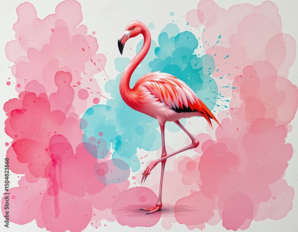 Fototapeta premium A vibrant flamingo stands gracefully amid abstract pink and blue watercolor splashes.