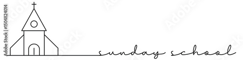 Sunday school one line icon with caption. Continuous line. Flat vector illustration isolated on white