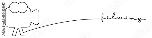 Filming, camera one line icon with caption. Continuous line drawing style. Footer, header. Vector illustration isolated on white background.
